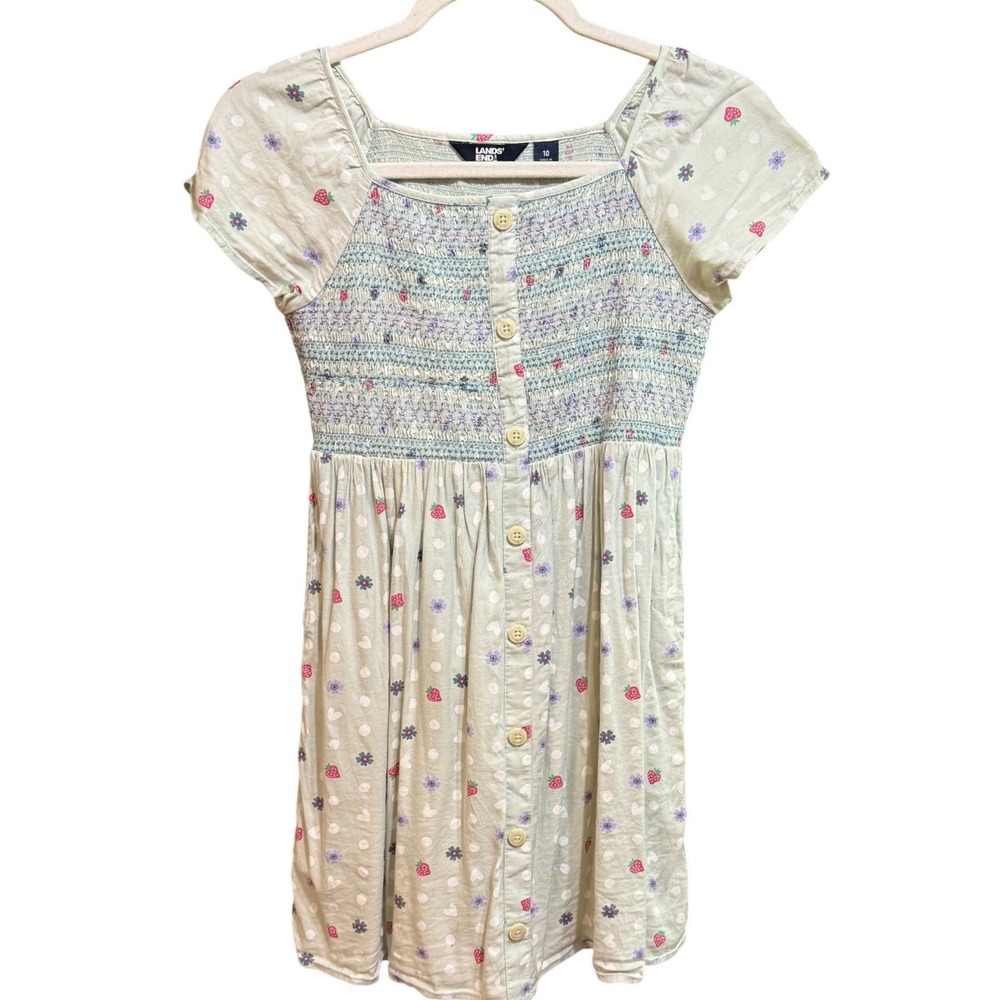 Lands End Girls Sage Green Strawberry Smocked Button Front Dress Size 10